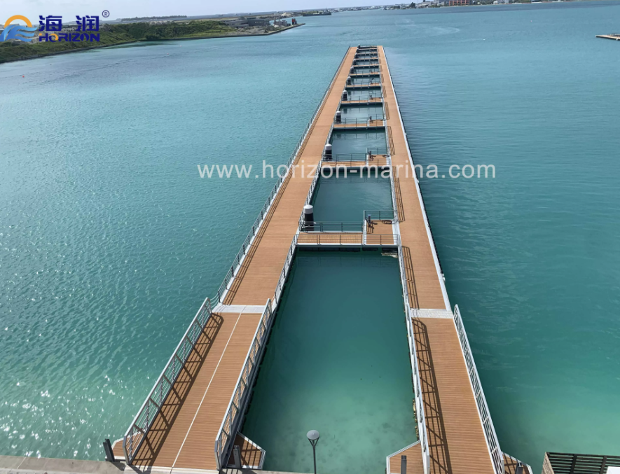 A collection of floating pontoons on calm water, showcasing their sturdy structure and versatile design for various marine applications. 