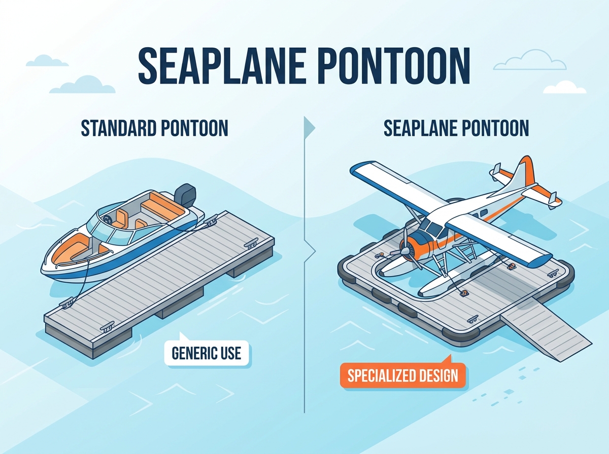 Seaplane docked at a specialized low-profile aluminum pontoon